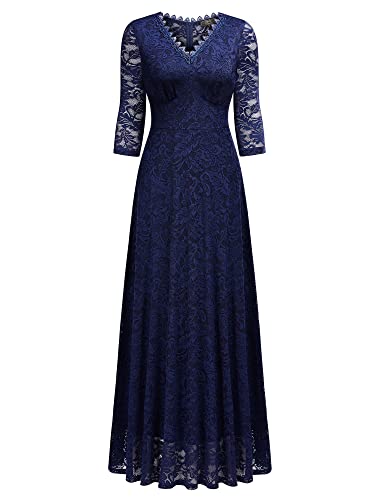 Missmay Women's Formal Floral Lace 2/3 Sleeves Bridesmaid Party Maxi Dress (Large, Navy Blue) #TOP4