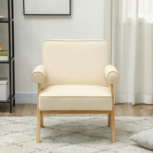 Miniatura 6 de Homcom Butaca De Salón Butaca Nórdica Sillón De Salón Tapizado En Pu Con Reposabrazos Y Marco De Madera De Caucho Para Dormitorio Carga 120 Kg Crema