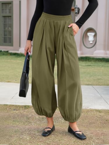 Image of Fisoew Womens Wide Leg Balloon Pants Casual Barrel Elastic Waist Pleated Baggy Workout Sweat Pants with Pockets