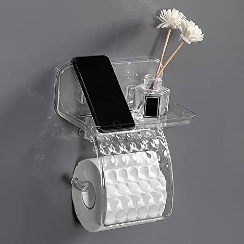 Ettori Toilet Roll Holder,Toilet Paper Holder with Shelf and Cover,Wall Mounted No Drilling Waterproof Self Adhesive Roll Tissue Holder for Bathroom,Kitchen,Livingroom,Clear PET Cover