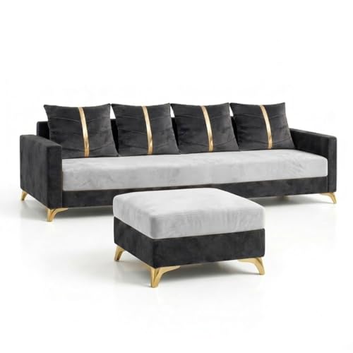 Image of Caviar 5 Seater L Shape Sofa Set with Movable Ottoman | Flexible Layout | Luxury Velvet Suede Fabric | Modern Living Room Sofa | Dark Grey-Light Grey