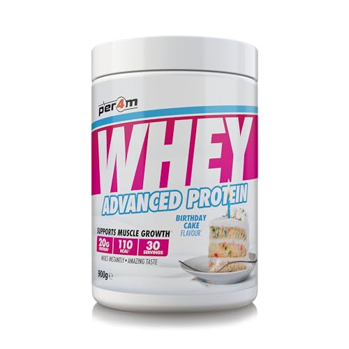 Per4m Whey Protein, Molkenprotein mit vollem Aminosäureprofil, unterstützt Muskelaufbau & Regeneration, reich an essentiellen Aminosäuren, für Sportler nach dem Training – Geburtstagskuchen – 900g