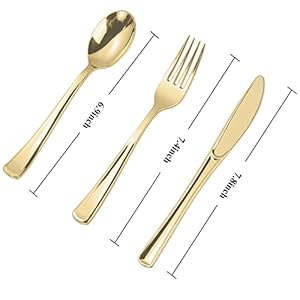 N9R 300PCS Gold Plastic Silverware, Heavy Duty Gold Plastic Cutlery Set Disposable Flatware Dinnerware, 100 Forks, 100 Spoons, 100 Knives, Perfect for Party, Weeding and Daily Use N9R 300PCS Gold Plastic Silverware Heavy Duty Gold Plastic Cutlery Set Disposable Flatware Dinnerware 100 Forks 100 Spoons 100 Knives Perfect for Party Weeding and Daily Use