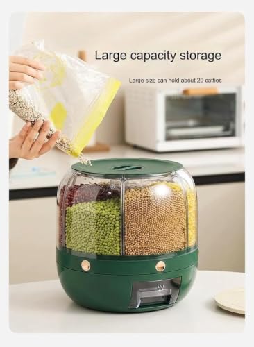 Image of Rotating Grain Dispenser for Kitchen | Multi-Compartment Food Storage Container with 6 Sections | 360 Dry Food and Cereal Organizer for Rice, Pulses, Cereal, Flour, Grains, Seeds (Green)