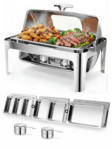 13QT Roll Top Chafing Dishes for Buffet: Catering Food Warmer for Parties, Birthday, Wedding, Christmas, 1 Full Size & 2 Half-Size & 3 1/3 Size Chafing Server Dish, 1 Water Pan-Glass Window