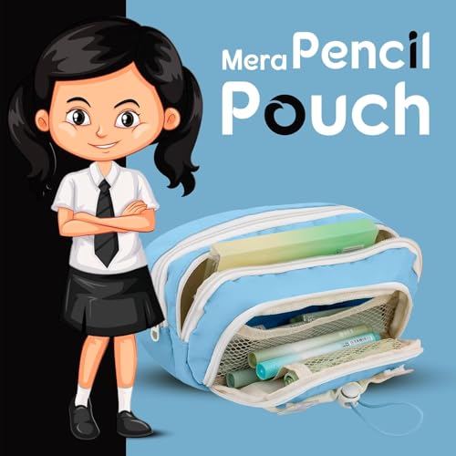 Image of Mrsdry Pencil Pouch for Girls - Multiple Compartment Zipper Pouch with Drawstring Pocket, Aesthetic Kawaii Pencil Case, Cute Pouches, Return Gift for Kids (Blue)
