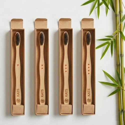 Image of KATS Organic Bamboo Toothbrush for Adults (Pack of 4), Charcoal Activated Soft Bristles, Identification Marks, Biodegradable, Anti-Bacterial, Eco-friendly, Natural, Manual