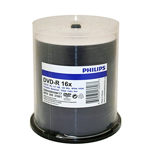 Philips DVD-R Duplication Grade White Inkjet Hub Printable 16X Media 100 Pack in