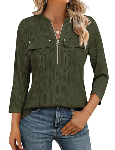 Image of Gemulate Dressy Casual Cotton Blouses for Women 3/4 Sleeve Womens Summer Zip up Shirts V Neck Tops, t-Shirts Army Green L