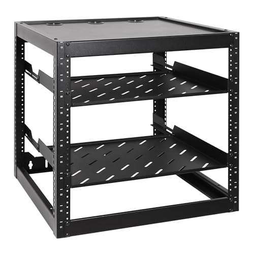 RackPath 12U Open Frame Network Rack with 2X 14in Vented 1U Shelves Rear Support Wall Mount/Floor Standing Network Cabinet Heavy Duty 150 lbs Capacity for IT & AV Gear Audio and Video Device