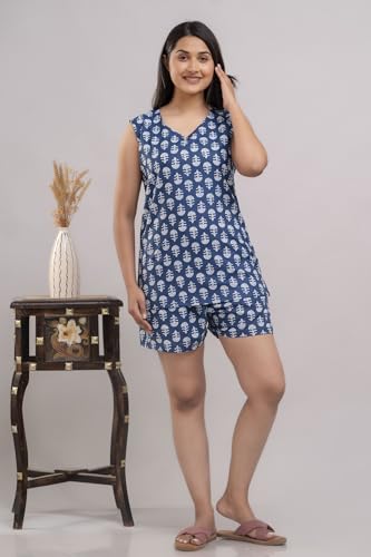 Image of Women's Cotton Printed Night Suit Set of Top & Shorts Sleeveless Women's Lounge Wear Set