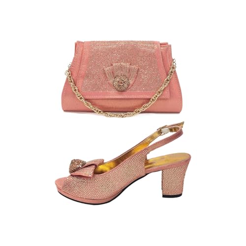 Women Shoes and Bag Set African Lady Fashionable High Heels Round Toe Ladies Shoes Matching Bag Set Peach