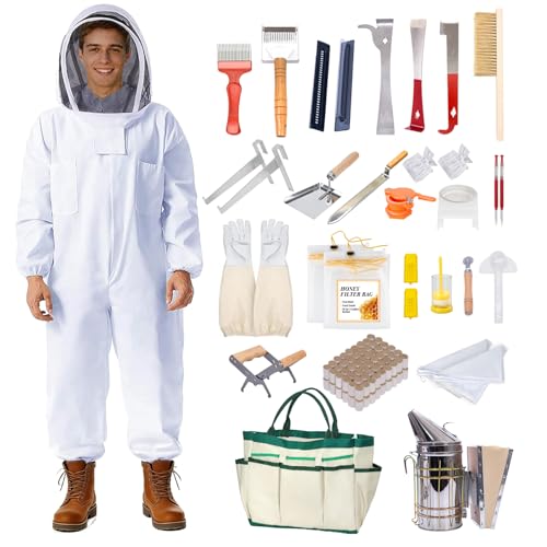 POLLIBEE 35Pcs Beekeeping Supplies Starter Kit with Bee Suit,Smoker & Frame Holder,Complete Bee Hive Tools Set with Oxford Bag for Beginner Beekeepers Men Women (XXL)