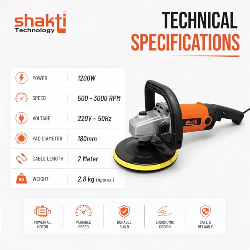 Image of Shakti Technology RP-180 Electric Car Polisher, 1200W High Power, Variable Speed 500-3000 RPM With 7-Inch (180mm) Wheel Size, Ergonomic Handle, Complete Car Polishing Kit