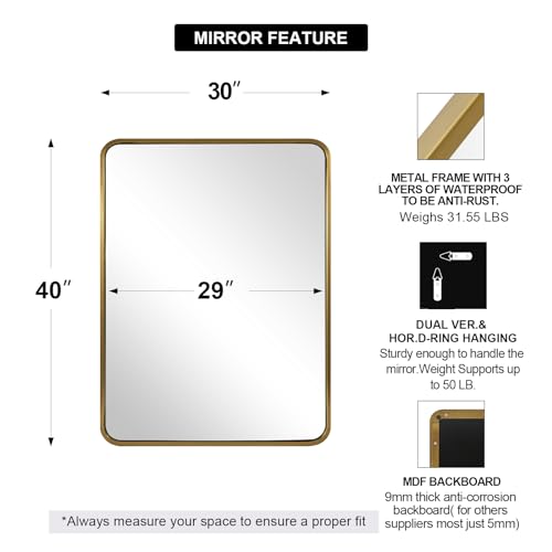 Image of ANDY STAR Brushed Gold Mirror 40''X30'', Gold Bathroom Mirror Rounded Rectangle in SUS304 Anti-Rust Tube Metal Frame, Wall Mounted Horizontal /Vertical 1'' Deep