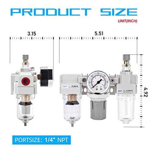 Nanpu 1/4" Npt Air Filter, Regulator & Lubricator (Frl) Combo - Water/Oil Trap Separator - Pressure Gauge(0-150 Psi), 5 Micron Brass Element, Semi-Auto Drain, Poly Bowl, Metal Bracket #TOP2