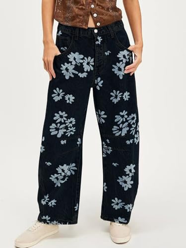 CHARTOU Floral Barrel Jeans Women Y2k Baggy Wide Leg Pants Patchwork Boyfriend Cargo Printed Denim Jeans2