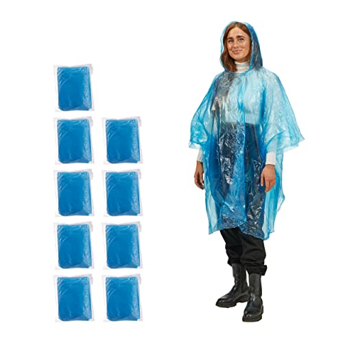 Relaxdays Regenponcho Einweg, 10er Set, Einmal Regencape mit Kapuze, für Erwachsene, Notfallponcho Damen & Herren, blau Einheitsgröße