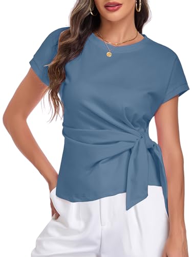 Image of HOTIAN Womens Cap Sleeve T Shirts 2026 Tie Waist Wrap Tops Crew Neck Blouses Dressy Casual Loose Work Business Dressy