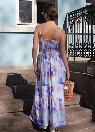 Women Casual Sleeveless V Neck Summer Dress Bohemian Smocked Floral Flowy Maxi Dresses Cocktail Dress — view 5