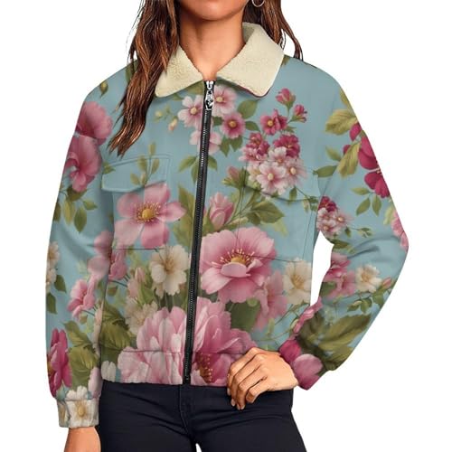 Sweat polaire femme bouquet romantique veste chaude zippée d'hiver bleu vert grande taille