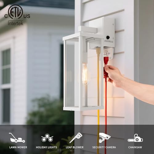 Image of mirrea 18 inch Classic Outdoor Wall Sconce with Built-in GFCI Outlet 1 Light in Matte White Rectangular Metal Frame and Clear Glass Shade Waterproof Porch Light Patio Light
