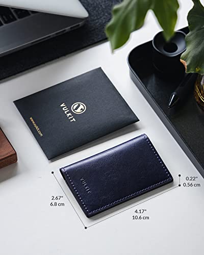Image of VULKIT Leather Business Card Holder 2 Sided Slim Business Name Card Organizer for Men or Women, Up to hold 20 cards (Vintage Navy)