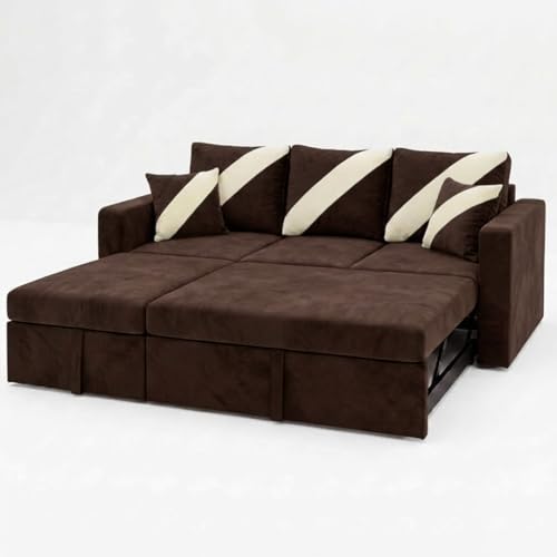 Image of FURNY Trivia 4 Seater LHS Lounger Sofa Cum Bed (Dark Brown) with Pull-Out Function | Luxury Velvet Suede Finish | Durable Comfort | Ideal for Living Room