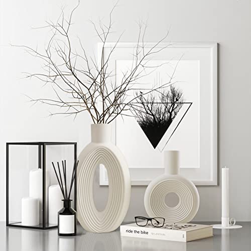 Ceramic Vase - Set Of 2 For Home Decor,White Round Pampas Vases Minimalist Nordic Boho Style For Modern Farmhouse Decor, Living Room、 Kitchen、Mantle、Bedroom、Dining Table、Office #TOP6