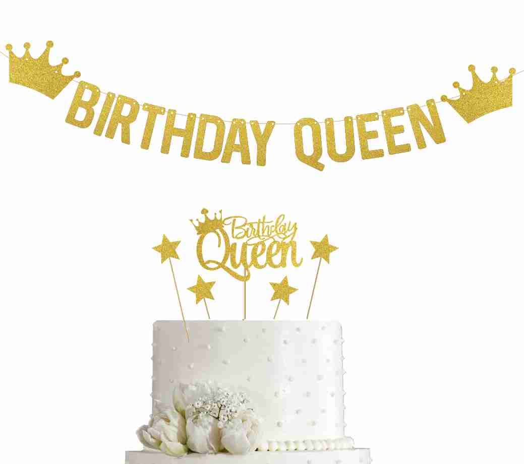 SVM CRAFT Queen Cake Topper and Banner - Birthday Party Decoration, Princess Decorations (Golden) 16th - 18th - 21st Cake Toppers