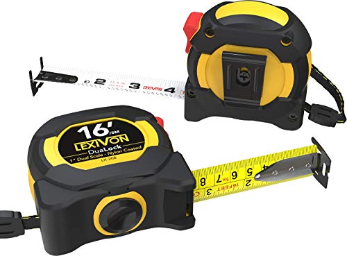Lexivon [2-Pack] 16Ft/5M Dualock Tape Measure | 1-Inch Wide Blade With Nylon Coating, Matt Finish White & Yellow Dual Sided Rule Print | Ft/Inch/Fractions/Metric (Lx-208) #TOP1