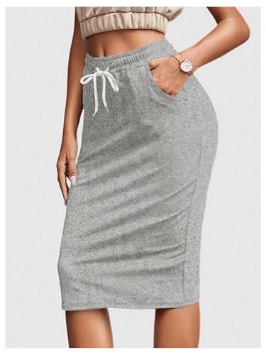 SHENHE Women's Casual Elastic High Waist Drawstring Knee Length Pencil Skirt with Pockets4