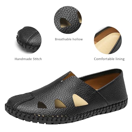 Men's Hand-Sewn Soft Leather Hollow Loafers Comfort Round Toe Lightweight Non-Slip Slip-On Flats Summer Beach Walking Driving Casual Shoes2