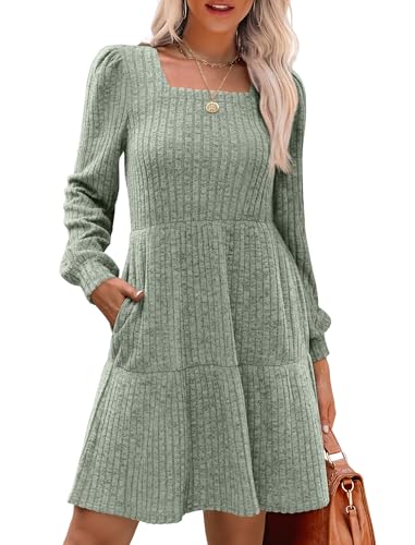 Image of Sampeel Womens Square Neck Long Sleeve Fall Dresses Casual Babydoll Sweater Dress