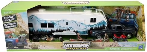 NewRay Toys Die Cast Pick Up Truck with Camper Trailer and Accessories