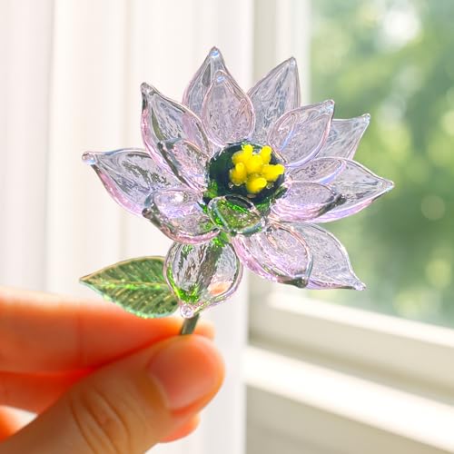 Luvlewen Glass Birth Month Flower Handmade Blown Glass Flower Birthday Gift for Mother Father Friends (July - Water Lily)