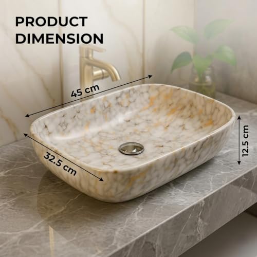 Image of Ceramic Tabletop Wash Basin - Glossy Rectangular Countertop Vessel Sink with Marble Finish for Bathroom & Vanity | Compact 18 x 13 x 5 Inch | Elegant Washbasin