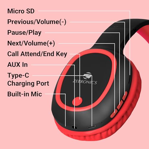 ZEBRONICS Thunder Bluetooth 5.3 Wireless Over Ear Headphones with 60H Backup, Gaming Mode, Dual Pairing, Enc, Aux, Micro Sd, Voice Assistant, Comfortable Earcups, Call Function (Red)