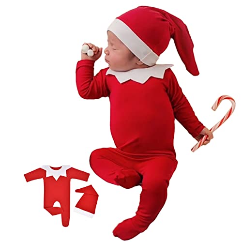 Image of ForBaysy Newborn Baby Christmas Photo Props Outfit Infant Boys Girl Photoshoot Costume Red jumpsuit With Xmas Hat