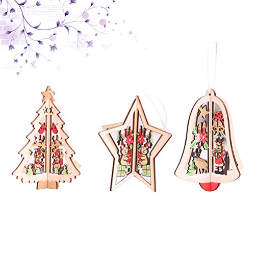 BESTOYARD 3 peças de pingentes de Natal estéreo vazados decorações de madeira em formato de estrela