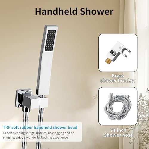 Set de ducha con grifería GGStudy en acabado cromo pulido, incluye cabezal de ducha cuadrado de 10 pulgadas en acero inoxidable, ducha de mano, brazo de ducha de latón y válvula de instalación empotrada miniatura 6