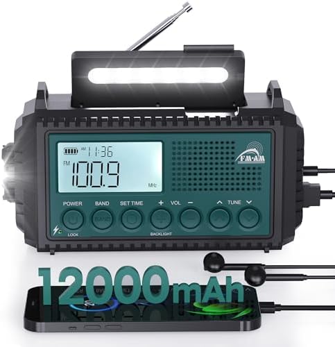 Kurbelradio, 12000 mAh Notfallradio, AM/FM/SW Baustellenradio | 5-Wege Solar Radio mit Weltempfänger, LED Taschenlampe&Leselicht, Handkurbel Blackout Notfallausrüstung für Outdoor,