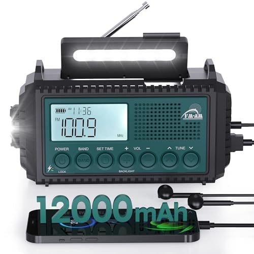 Kurbelradio, 12000 mAh Notfallradio, AM/FM/SW Baustellenradio, 5-Wege Solar Radio mit Weltempfänger, LED Taschenlampe&Leselicht, Handkurbel Blackout Notfallausrüstung für Outdoor, Notfall (Blau)
