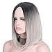 Short Wig Hair Ombre Silver Gray Wigs for Women Black to Grey Anxin Bob Straight Middle Part Full Head Shoulder Length Synthetic Wigs Cosplay Heat Resistant (28CM, Grey)