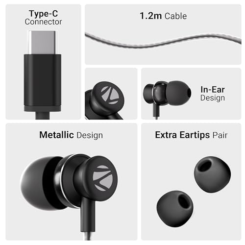 ZEBRONICS Buds C10 in Ear Type-C Wired Headphones with in-Line Mic, Metallic Design, Volume Control, 1.2M Cable, 10Mm Driver, (Black) ZEBRONICS Buds C10 in Ear Type-C Wired Headphones with in-Line Mic, Metallic Design, Volume Control, 1.2M Cable, 10Mm Driver, (Black)
