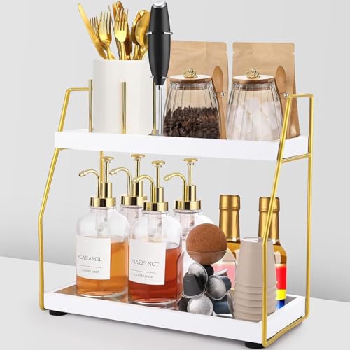 Coffee Station Organizer for Countertop 2 Tier Coffee Bar Accessories and Organizer Hot Chocolate Station Wooden Kitchen Storage & Organisation Countertop Organiser for Kitchen Home - White