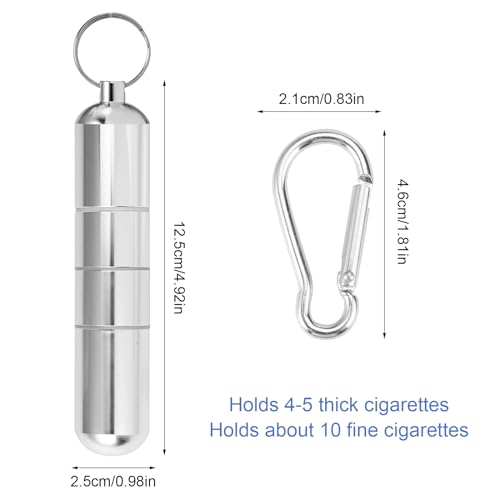 2 Set Sleutelhanger Sigarettenkoker, Waterdichte Ronde Sigaretten, Mini Aluminium Sigarettenkoker voor Mannen Vrouwen, Draagbare Sigarettenkoker voor Reizen Wandelen Kamperen, 12,5×2,5cm, Zilver - Afbeelding 3