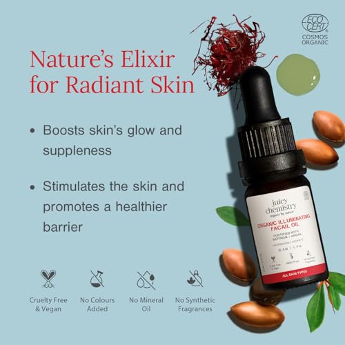 Image of Juicy Chemistry Organic Illuminating Facial Oil with Saffron + Argan, 10 ml | Boosts Skin Glow | Promotes Healthier Barrier | Brightens & Evens Out Skin Tone | Non-sticky & Lightweight | Dermatologically Tested