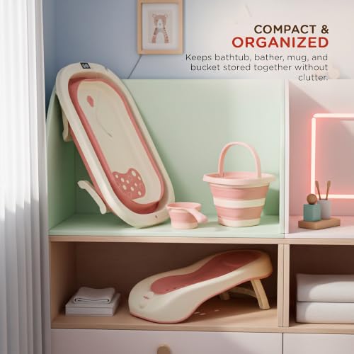 Image of Baybee Aquabee Baby Bath Tub Set for Kids | Portable Bathing Tub with Temperature Sensing | Foldable Bucket & Mug | Bath Seat Chair | Multi-Purpose Bathtub for Baby Bather for 0 to 5 Years (Pink)