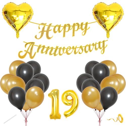 Image of Flyloons 19th Happy Anniversary Decoration Items Gold Black for Men Women Husband Wife Mom Dad Couple Home Bedroom Car With 20 Pcs Metallic Balloons Anniversary Banner 2 Pcs Heart Set Kit Golden